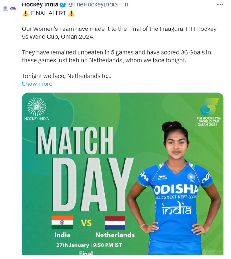 Hockey India Tweet about Netherlands and India to clash for women’s FIH Hockey5s World Cup title